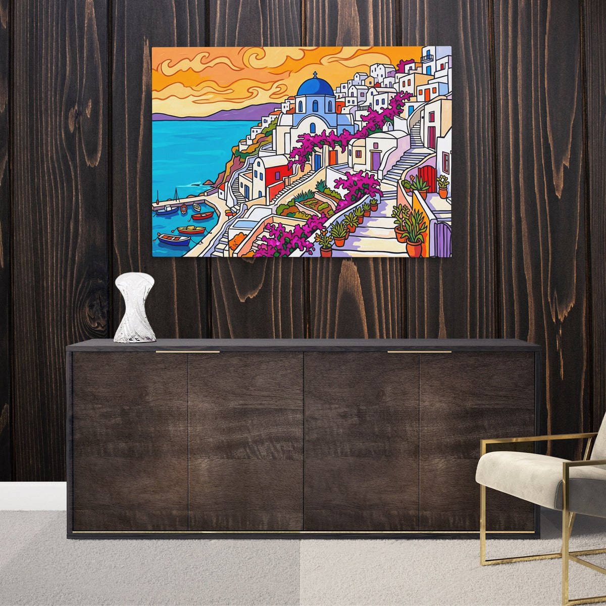 Santorini Sunset Illustration — Santorini Sunset Illustration Luxurious Room Wood Walls 190