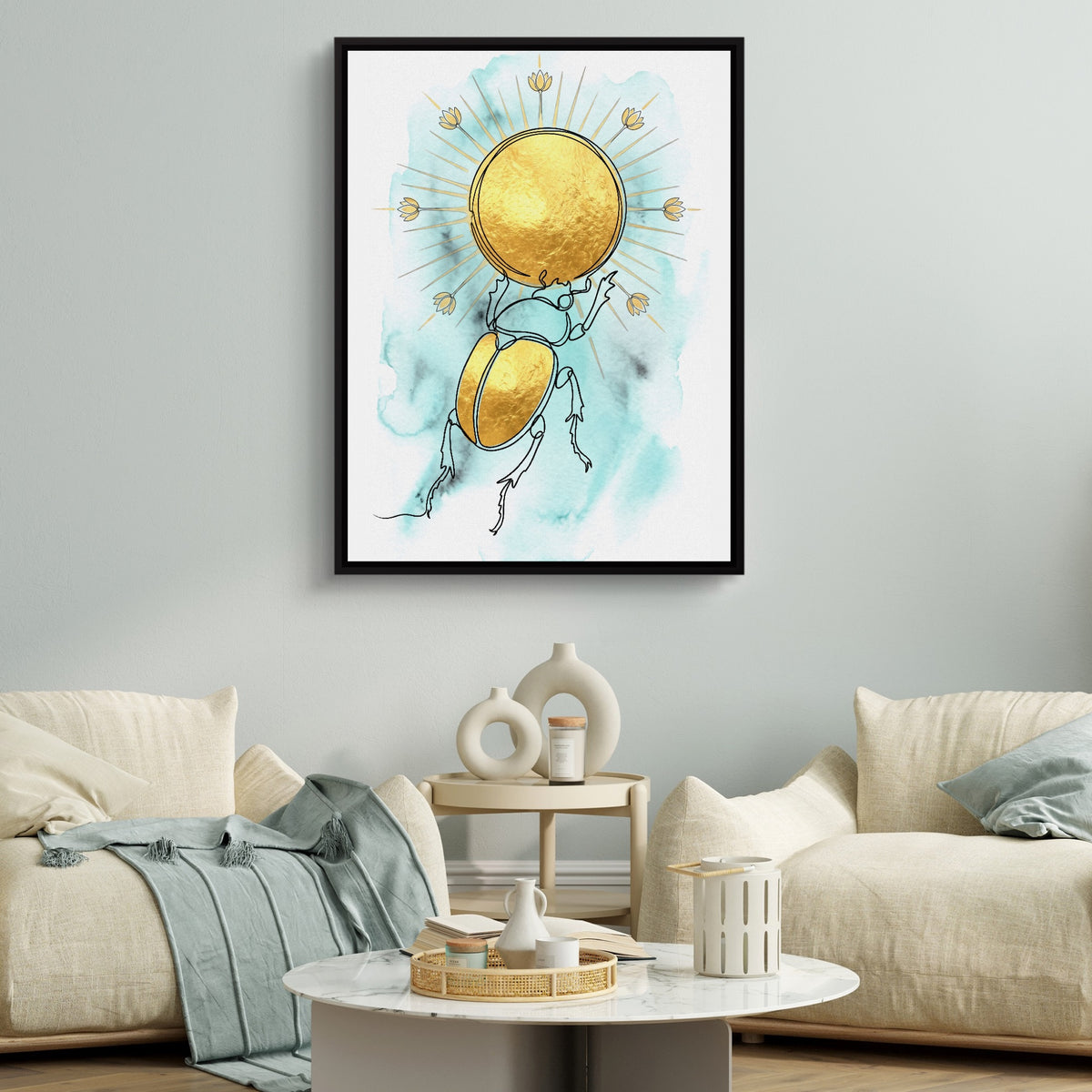 Scarab Golden Sun — scarab golden sun sq white couches 1port framed black