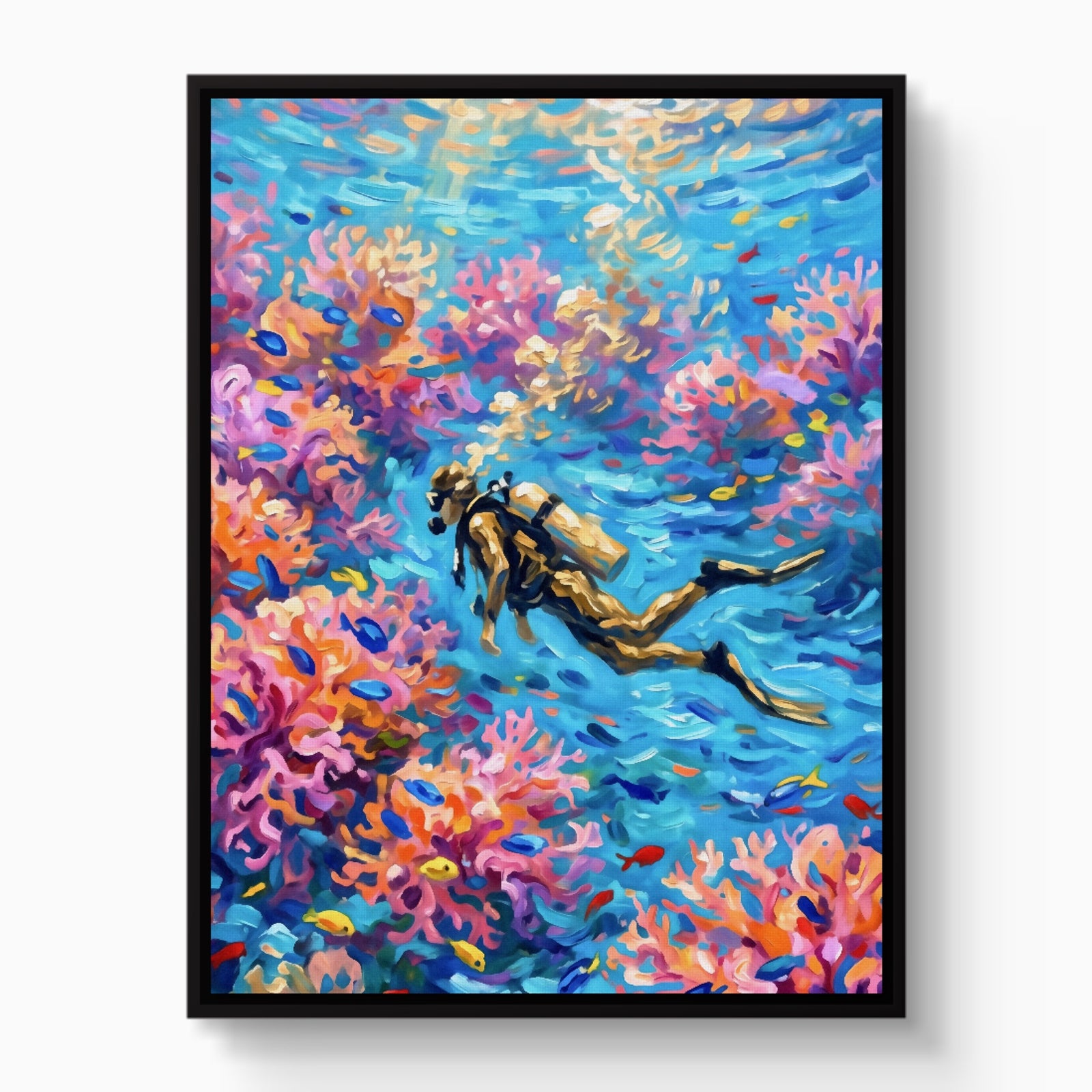 Scuba Diver Coral — scuba diver coral white studio framed black