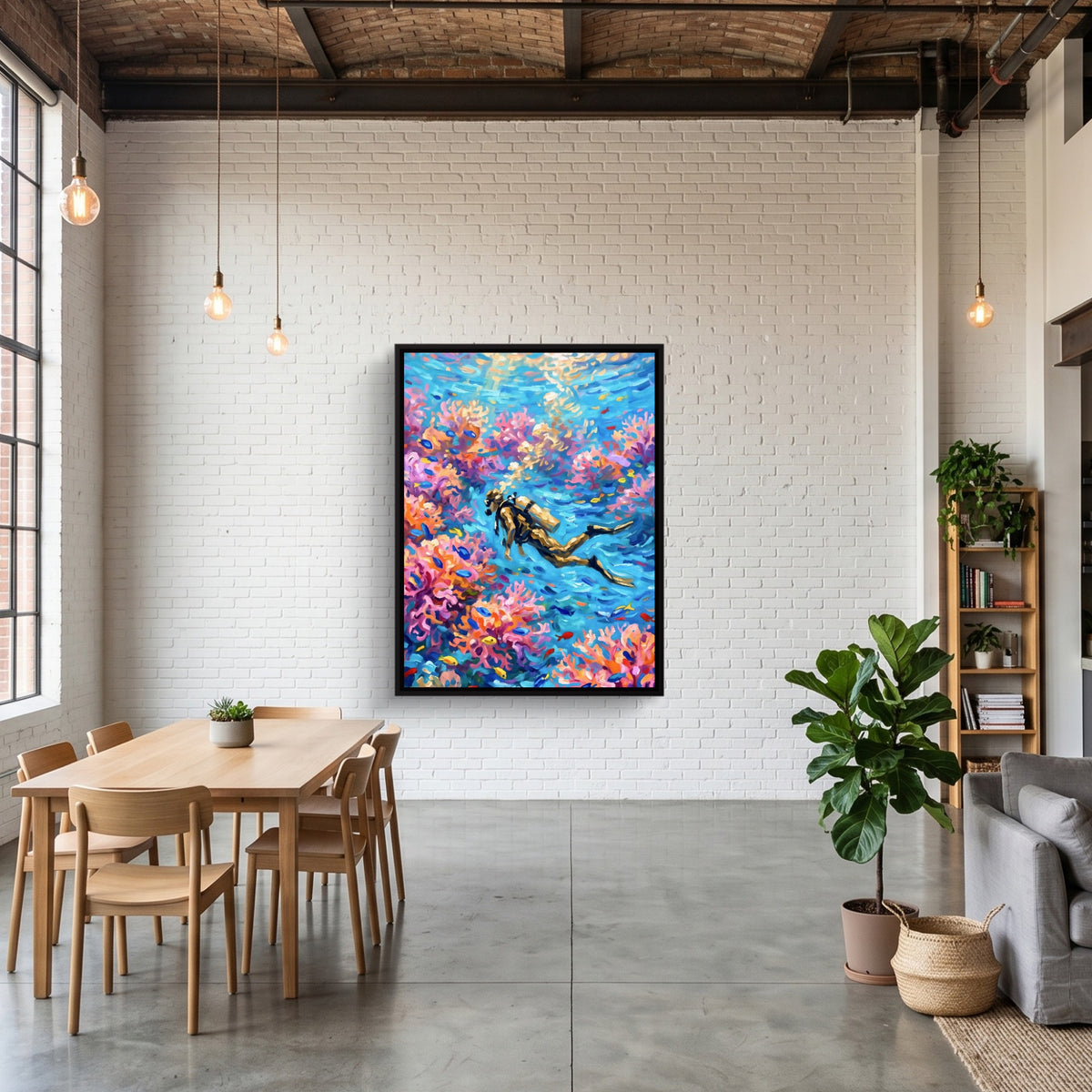 Scuba Diver Coral — scuba diver coral sq coffe shop far 1port framed black