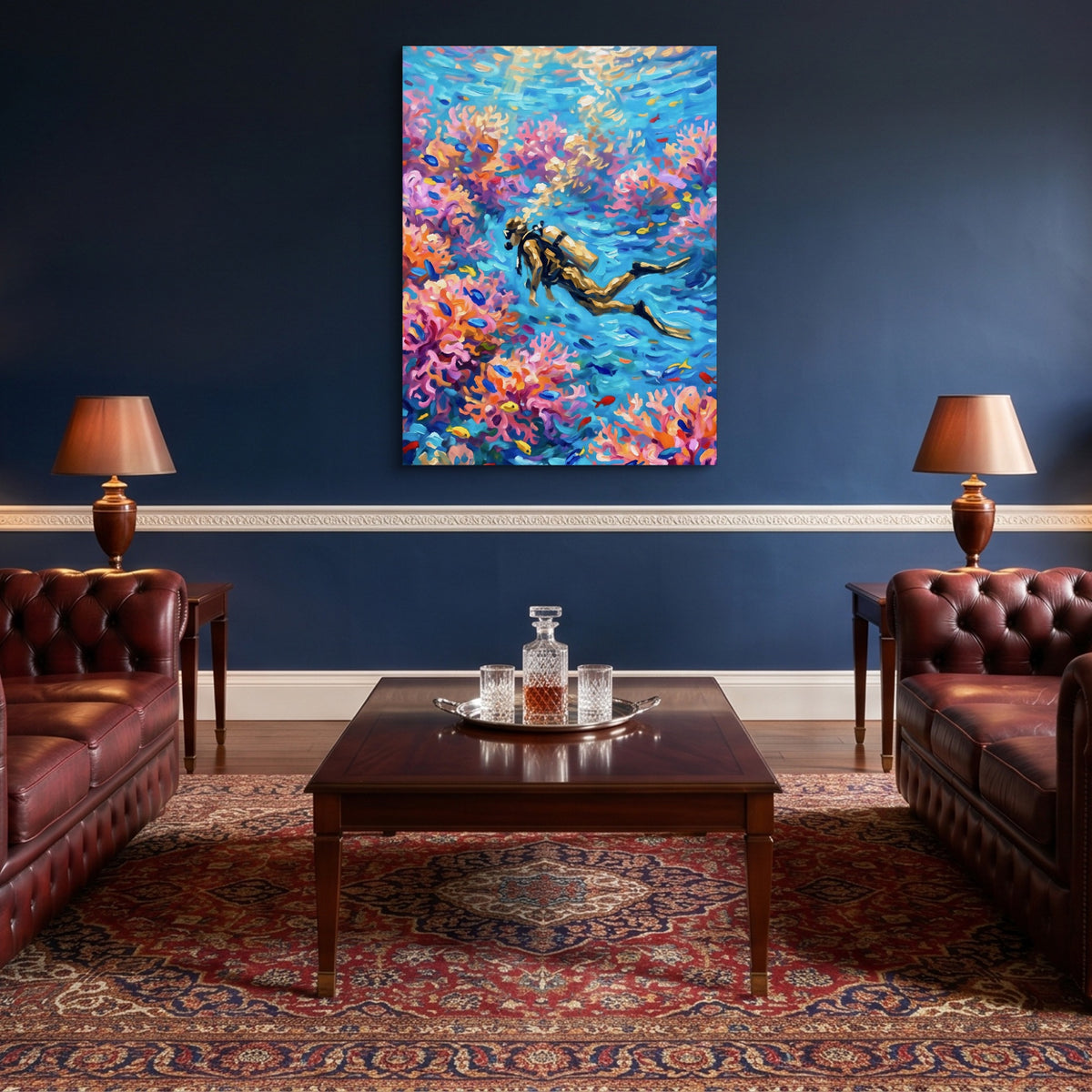 Scuba Diver Coral — scuba diver coral sq lounge wall 1port flush print