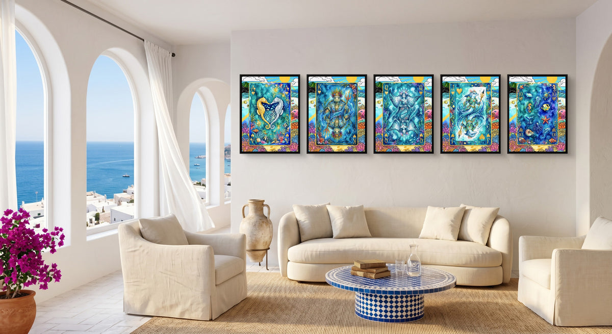 Sea Creature Hearts Royal Flush all five framed in a row, coastal living room