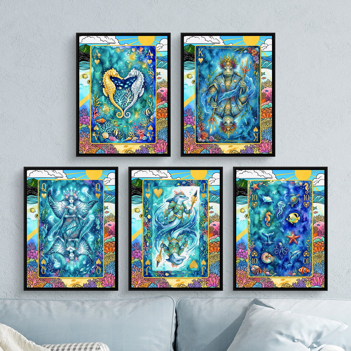 Sea Creature Hearts Royal Flush framed set on a soft blue lounge wall