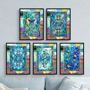 Sea Creature Hearts Royal Flush framed set on a soft blue lounge wall