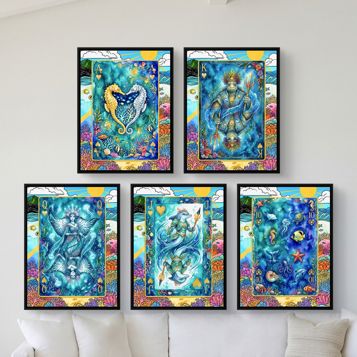 Sea Creature Hearts Royal Flush framed set in a bright coastal villa