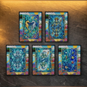 Sea Creature Hearts Royal Flush framed set on a dark feature wall