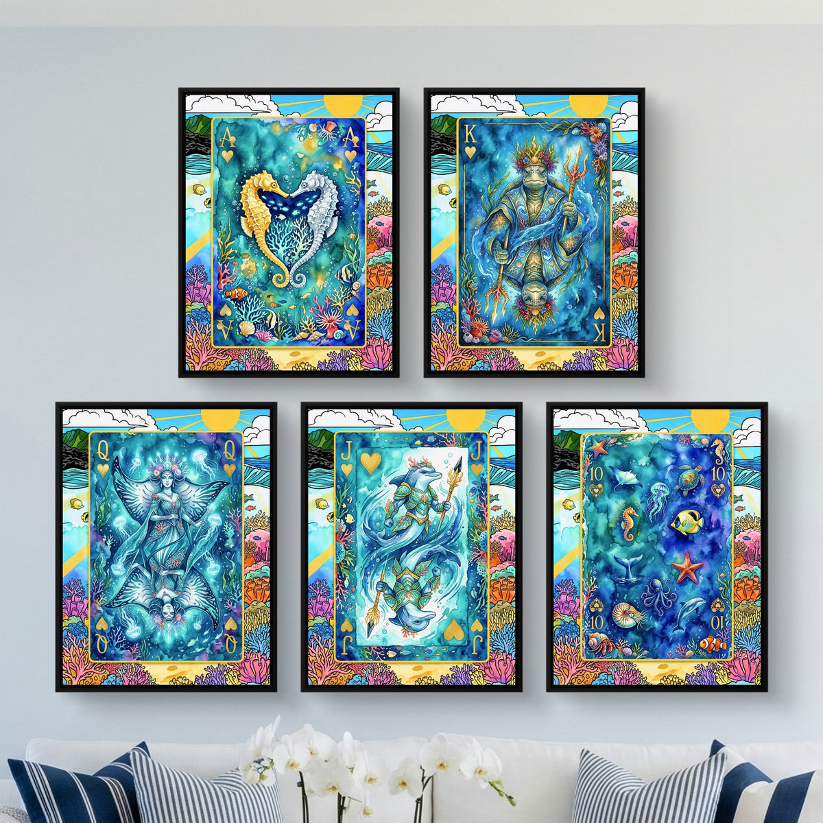 Sea Creature Hearts Royal Flush framed set in a bright living room