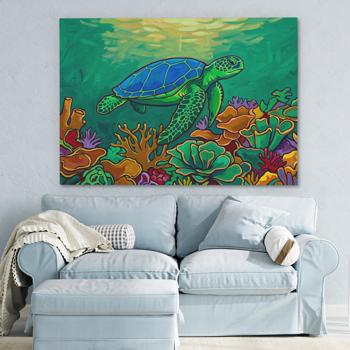 Sea Turtle Coral — Sea Turtle Coral Blue Pastel Couch 10