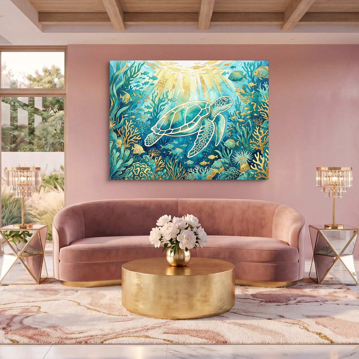 Sea Turtle Golden Ocean — sea turtle golden ocean sq pink pleasure 1land flush print