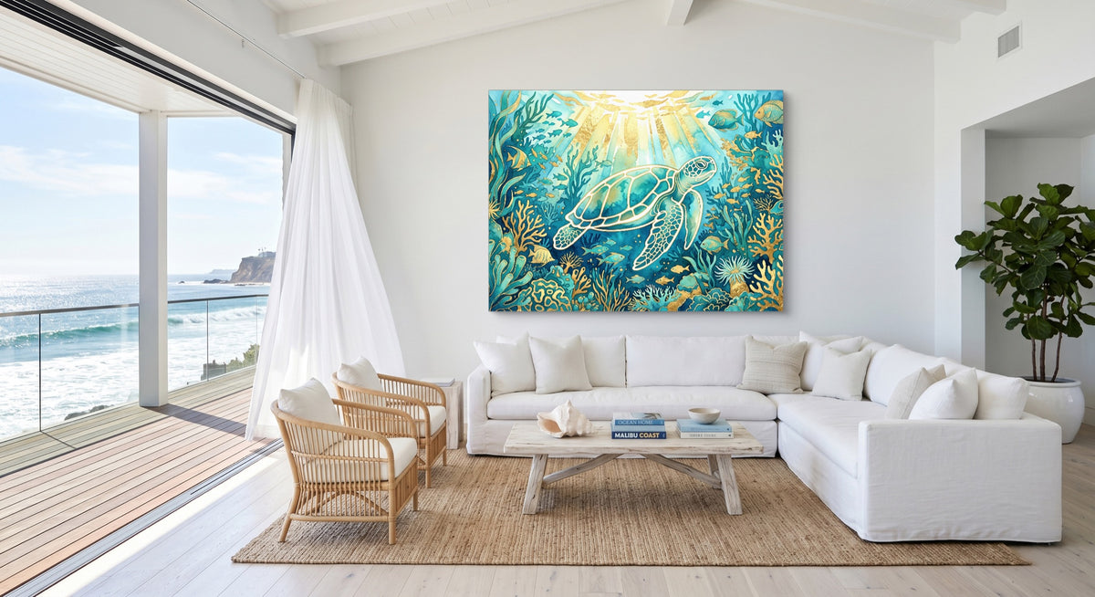 Sea Turtle Golden Ocean — sea turtle golden ocean beachside villa 1land flush print