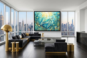 Sea Turtle Golden Ocean — sea turtle golden ocean modern living room interior 4 1land framed black