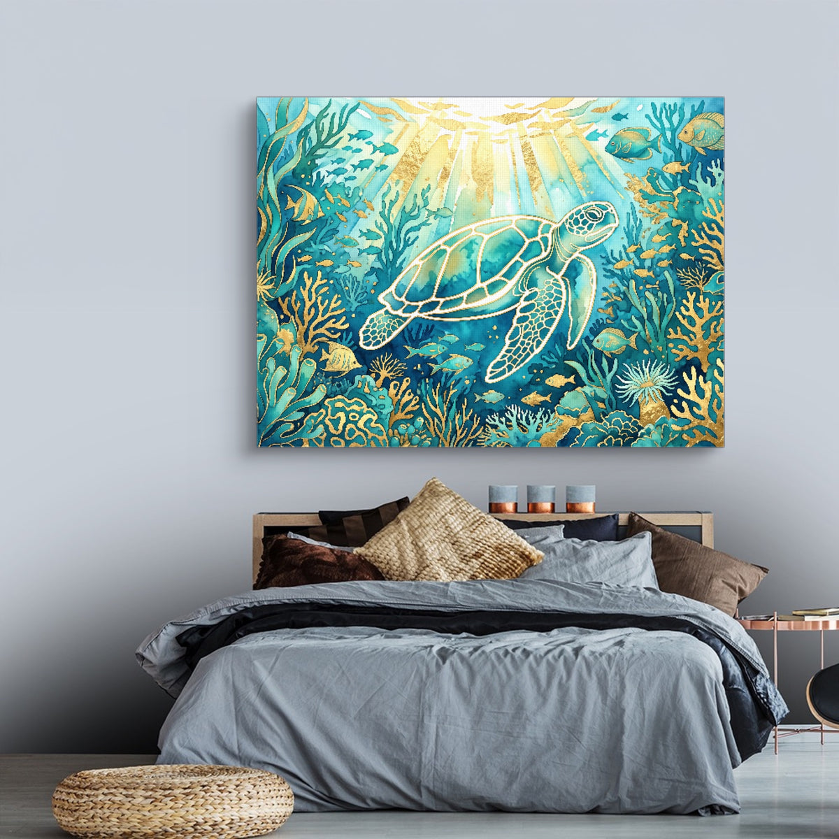 Sea Turtle Golden Ocean — sea turtle golden ocean sq land comfortable bedroom 1land flush print