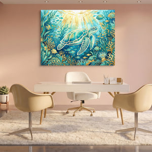 Sea Turtle Golden Ocean — sea turtle golden ocean sq pink office 1land flush print