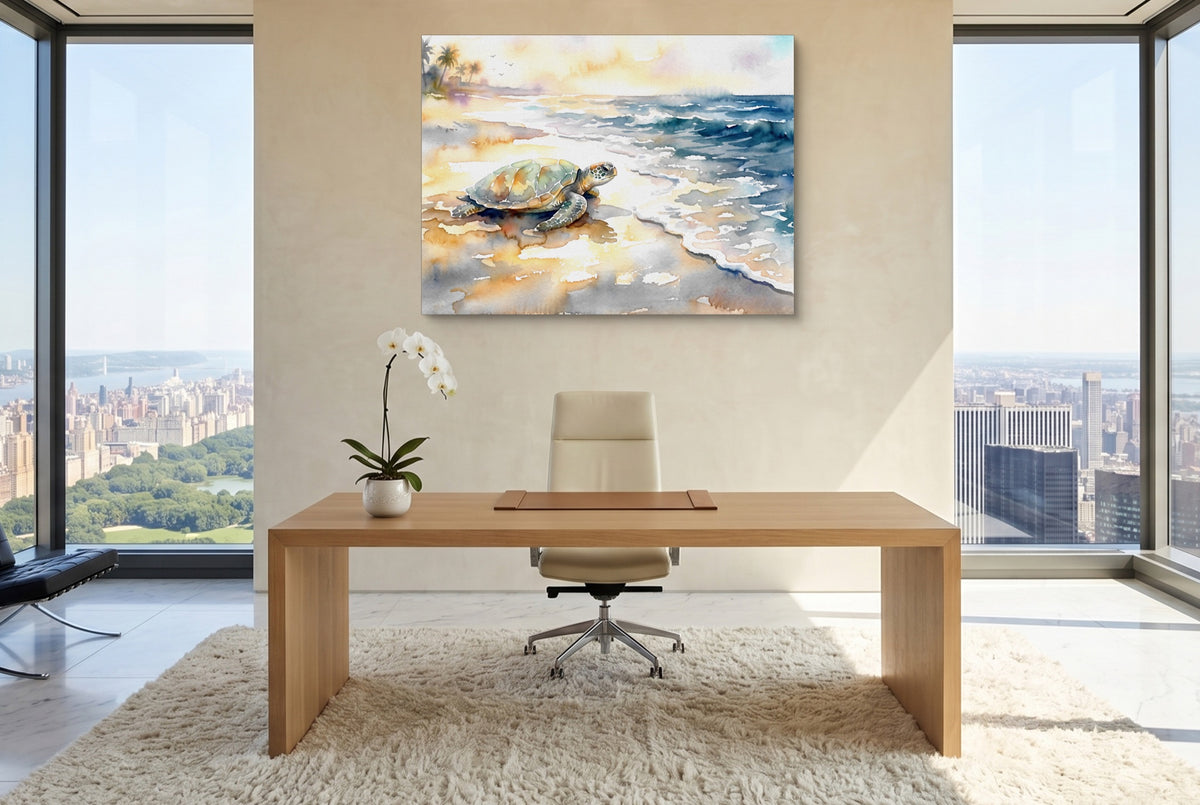 Sea Turtle Ocean Dawn — sea turtle ocean dawn office with city view 5 1land flush print