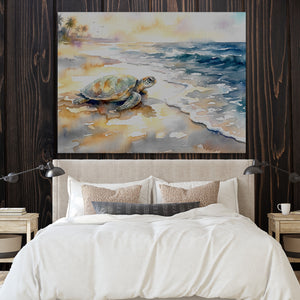 Sea Turtle Ocean Dawn — sea turtle ocean dawn sq bedroom with wood walls 1land flush print