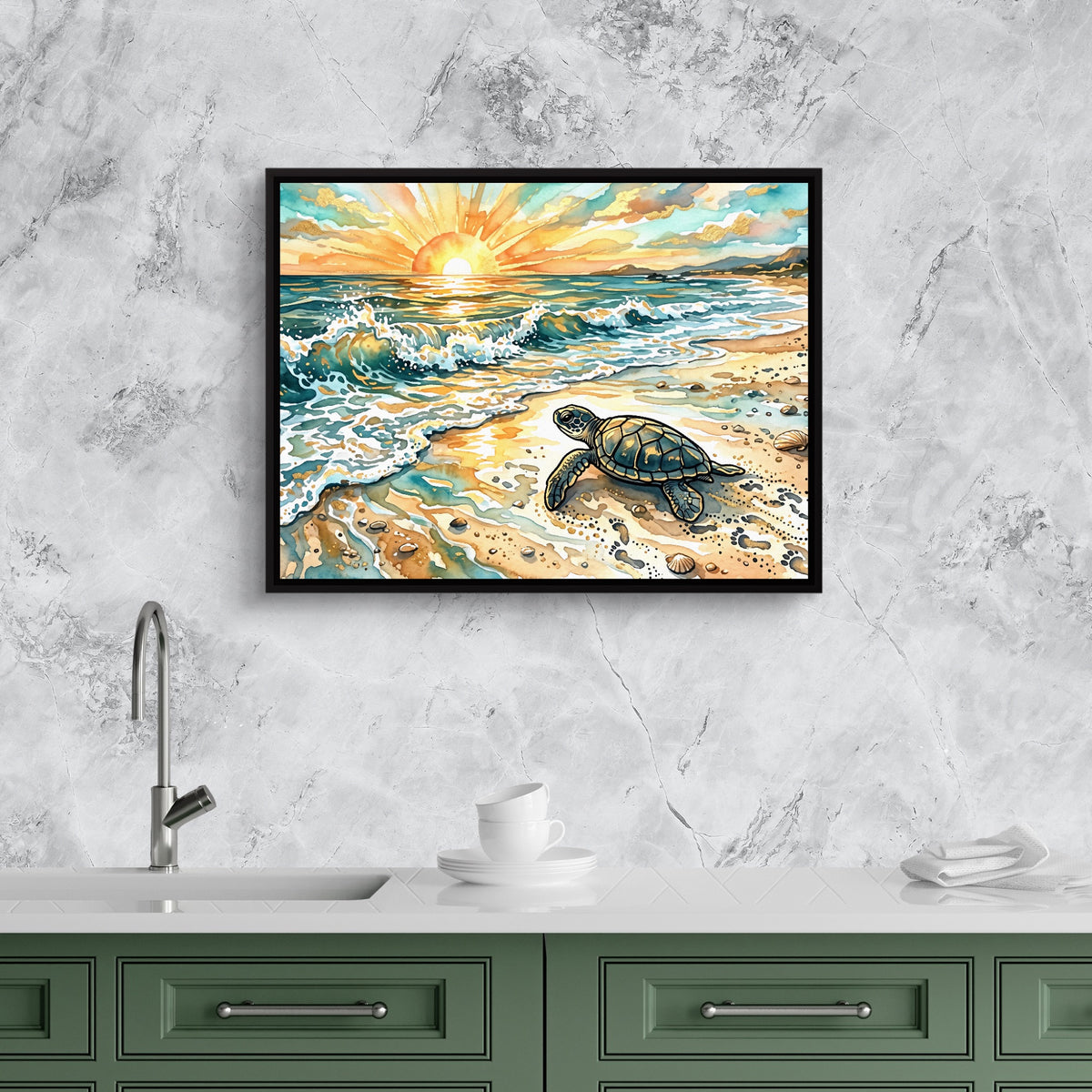 Sea Turtle Sunrise — sea turtle sunrise sq kitchen granite purple 1land framed black