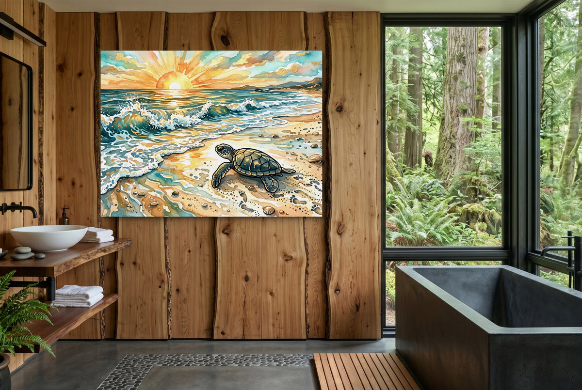 Sea Turtle Sunrise — sea turtle sunrise wooden bathroom with window 1land flush print