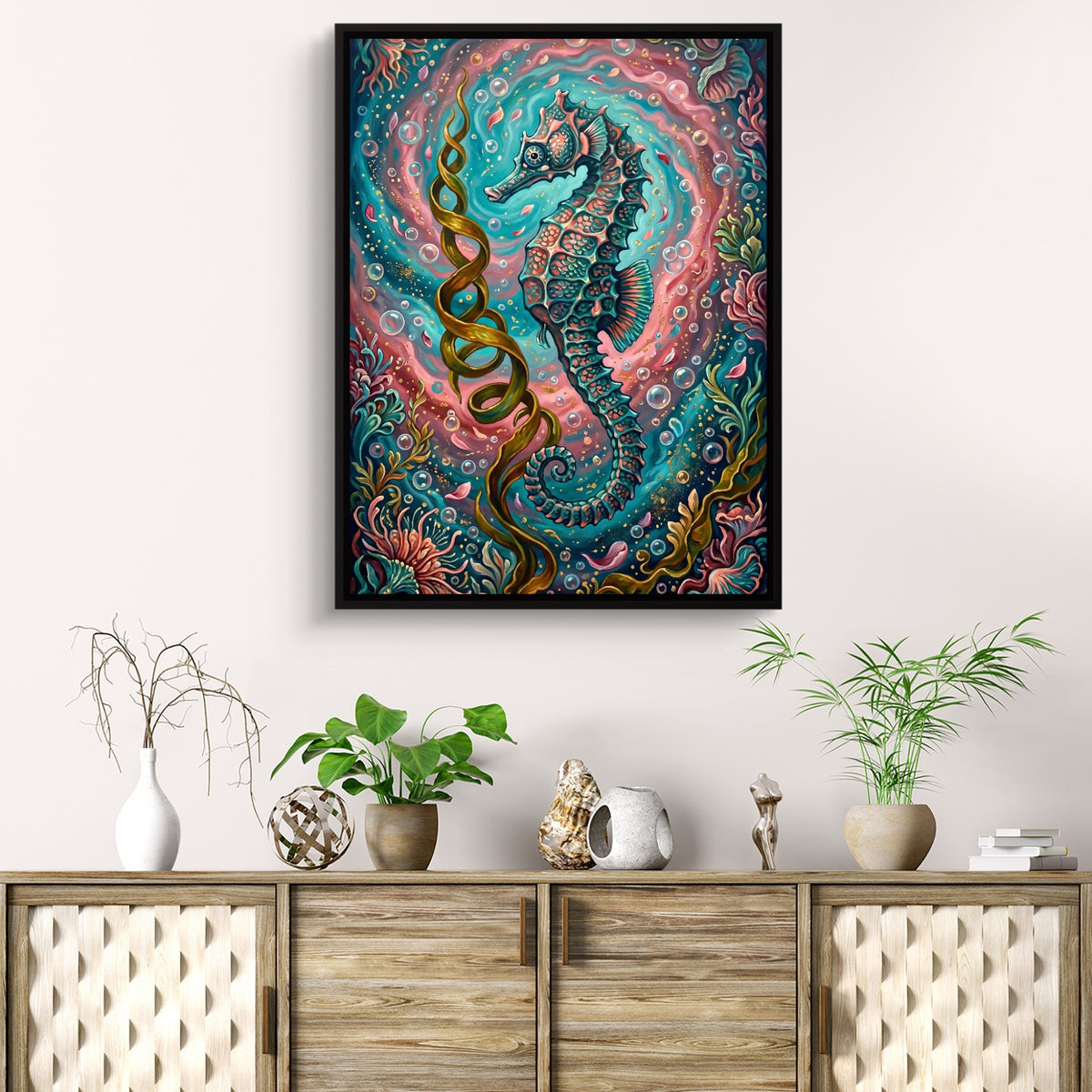 Seahorse Ocean Bloom — seahorse ocean bloom sq beach cabinet 1port framed black