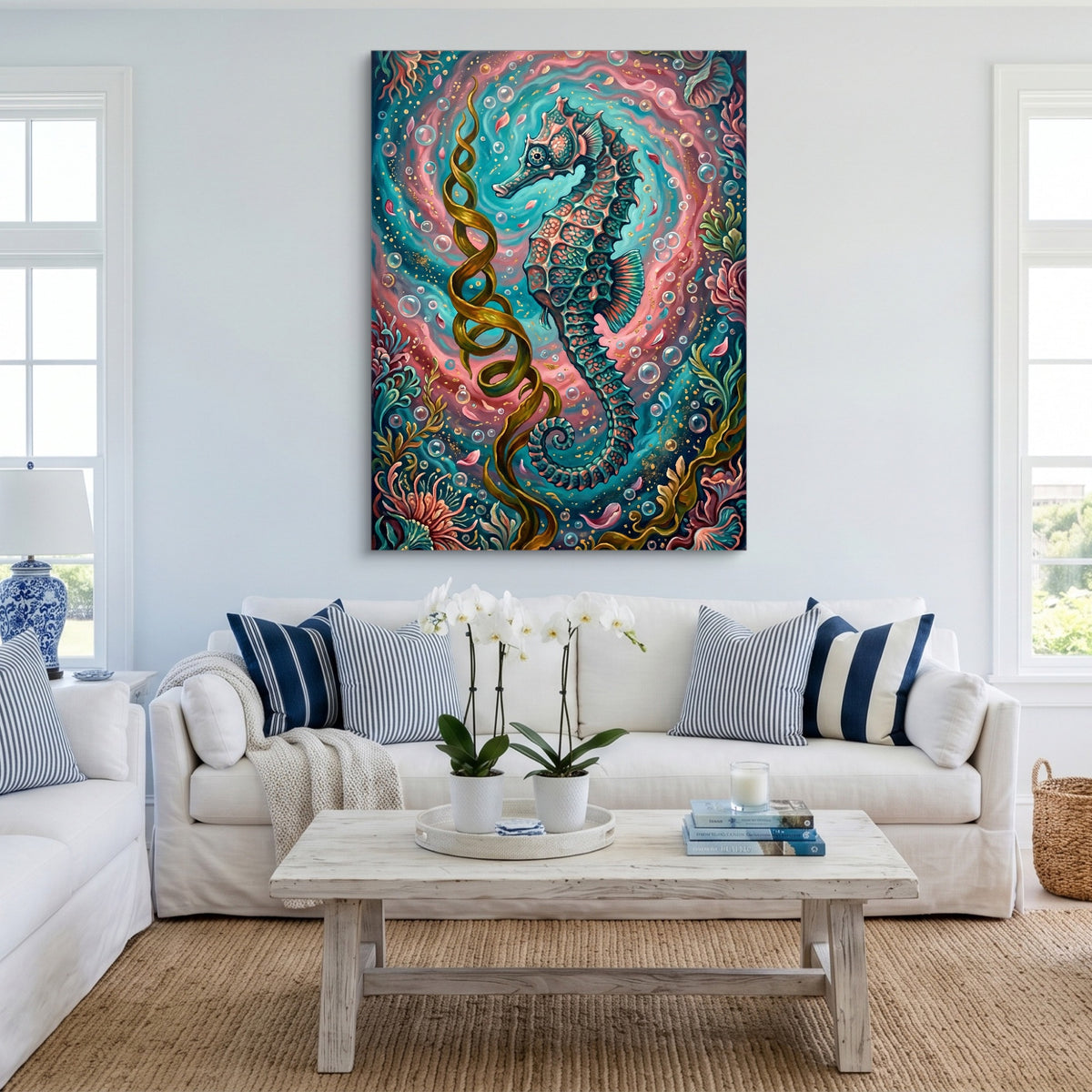 Seahorse Ocean Bloom — seahorse ocean bloom sq cute livingroom 1port flush print