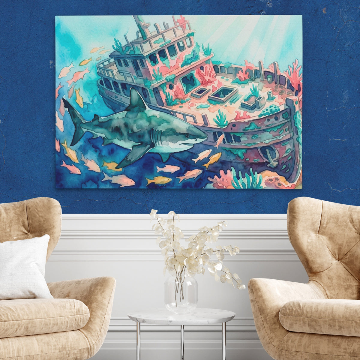 Shark Shipwreck Sanctuary — Shark Shipwreck Sanctuary Two Chairs Blue Walls2 135
