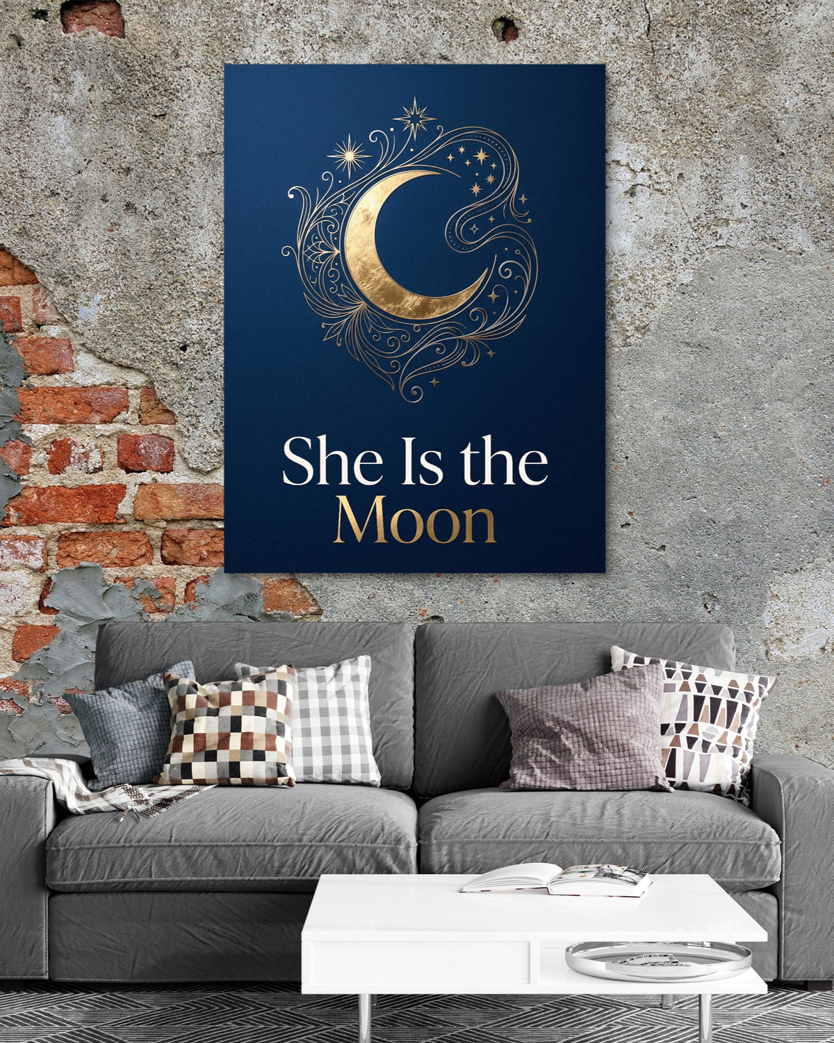 She Is The Moon — she is the moon psd exposed brick grey couch 1port flush print