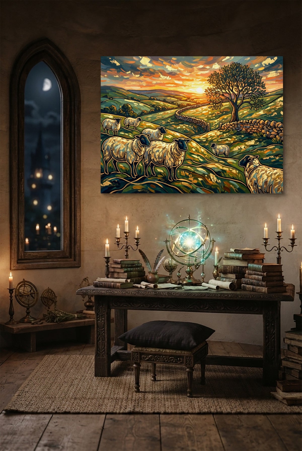 Sheep Golden Sunset — sheep golden sunset p desk with globe and books 1land flush print