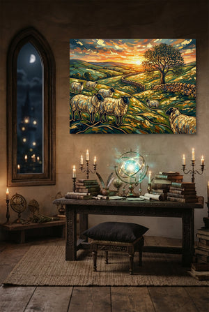 Sheep Golden Sunset — sheep golden sunset p desk with globe and books 1land flush print