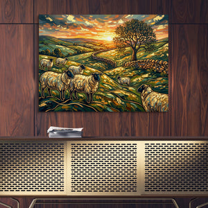 Sheep Golden Sunset — sheep golden sunset sq gold wood wall 1land flush print