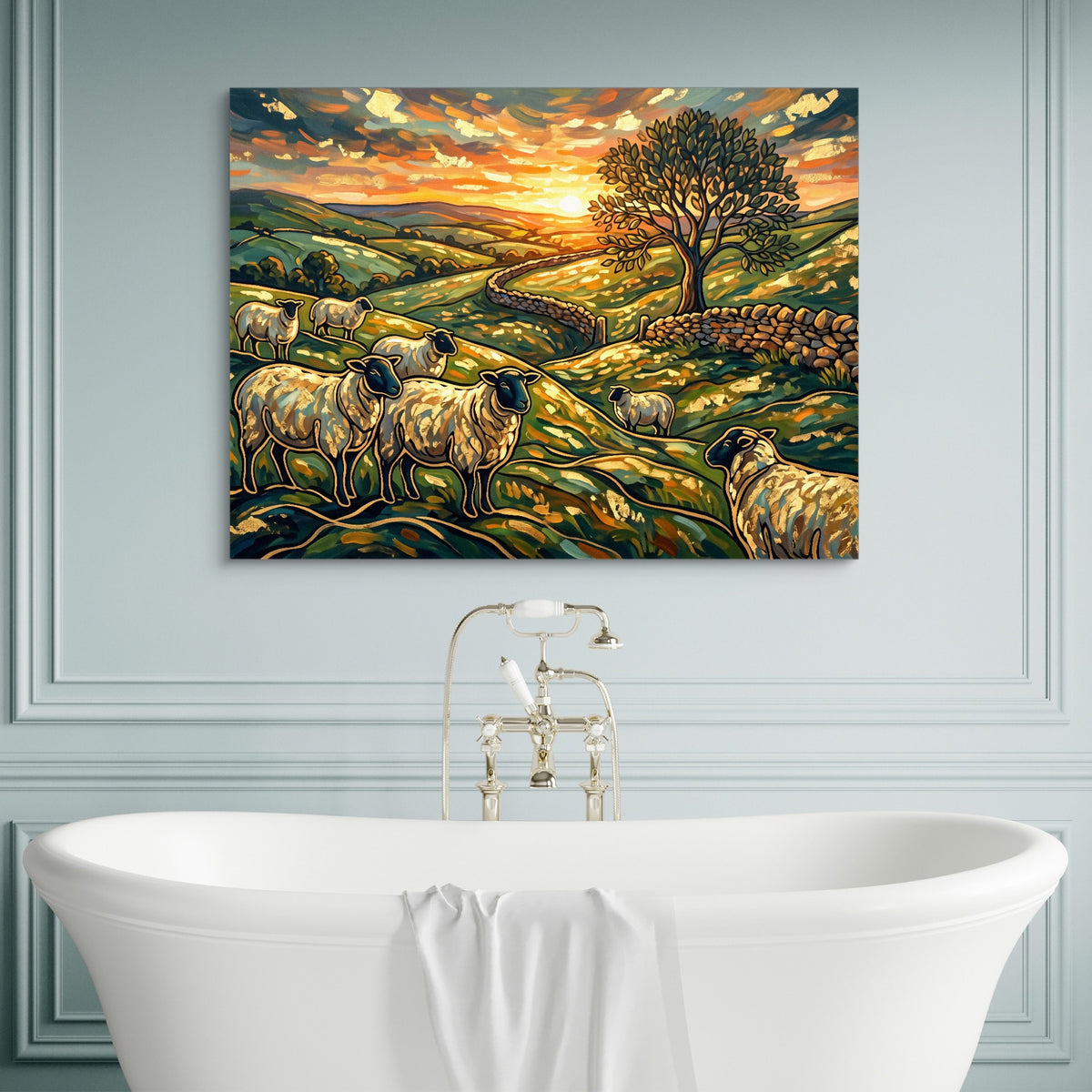 Sheep Golden Sunset — sheep golden sunset sq luxury bathroom wall 1land flush print