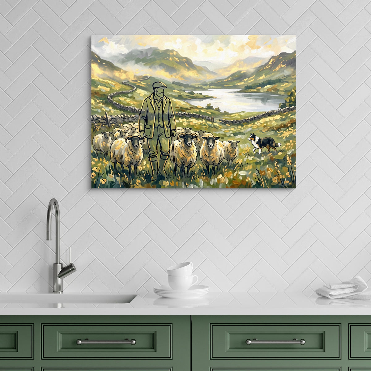 Shepherd Mountain Herd — shepherd mountain herd sq green kitchen 1land flush print