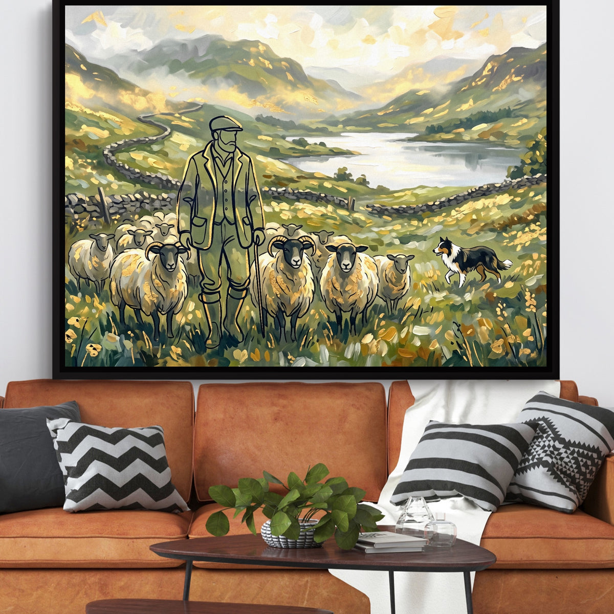Shepherd Mountain Herd — shepherd mountain herd sq orange couch 1land framed black