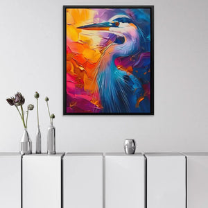 Shimmering Spectacle - Blue Heron Wall Art in Black Frame