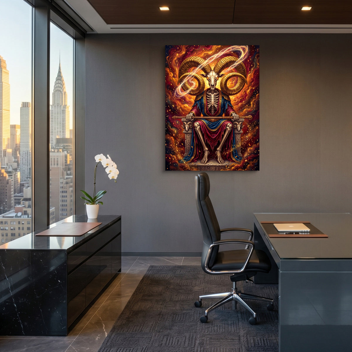 Skeletal Ram Enthroned — skeletal ram enthroned sq office view 1port flush print