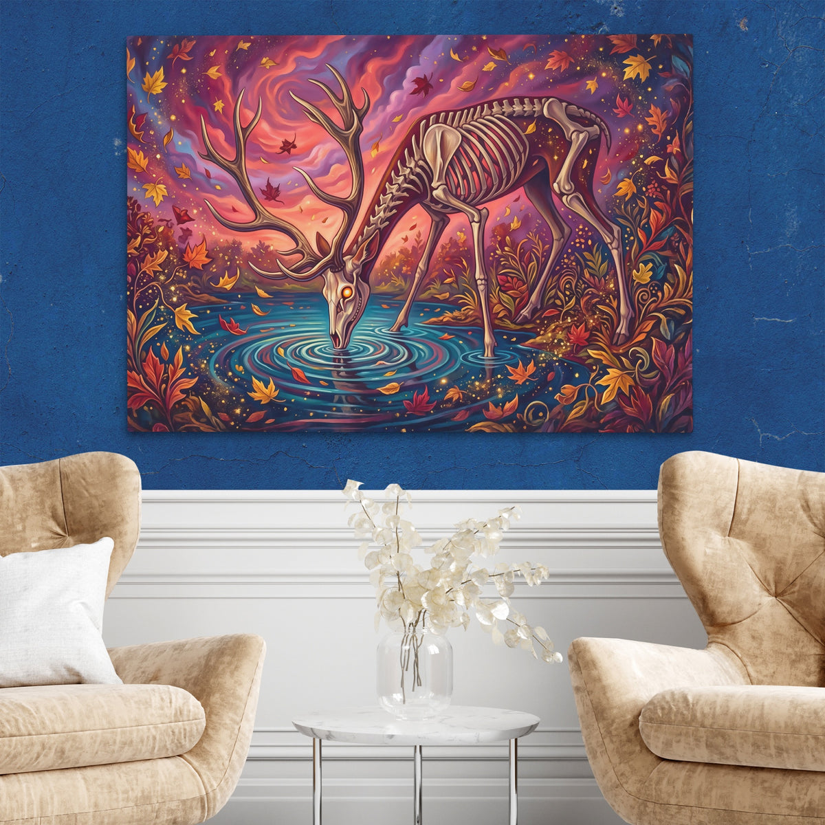 Skeleton Deer Drinking — Skeleton Deer Drinking Two Chairs Blue Walls2 141