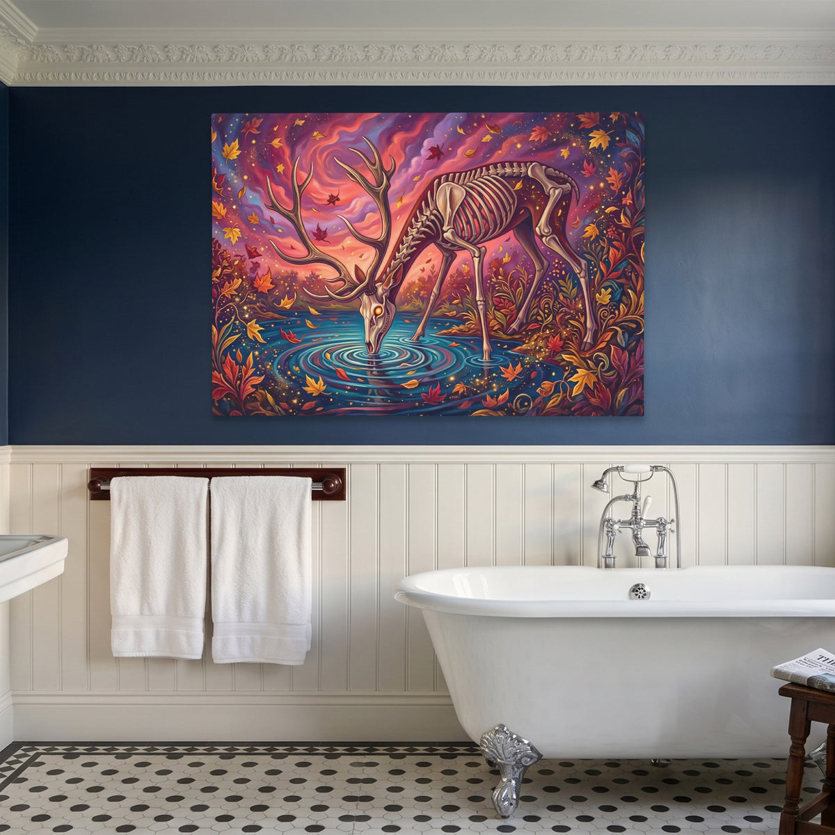 Skeleton Deer Drinking — Skeleton Deer Drinking Blue Bathroom Land 24