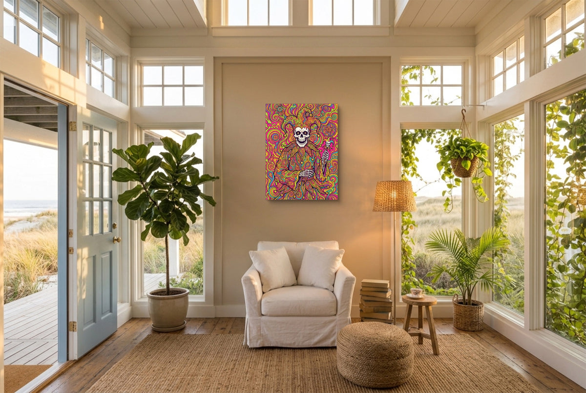 Skeleton Jester Psychedelic — skeleton jester psychedelic living room with plants 1port flush print