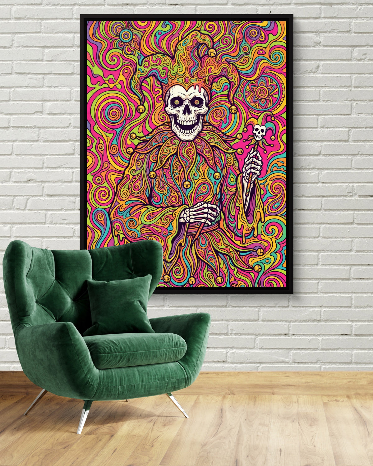 Skeleton Jester Psychedelic — skeleton jester psychedelic psd white brick green chair 1port framed black