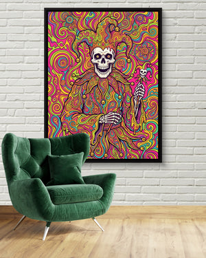 Skeleton Jester Psychedelic — skeleton jester psychedelic psd white brick green chair 1port framed black