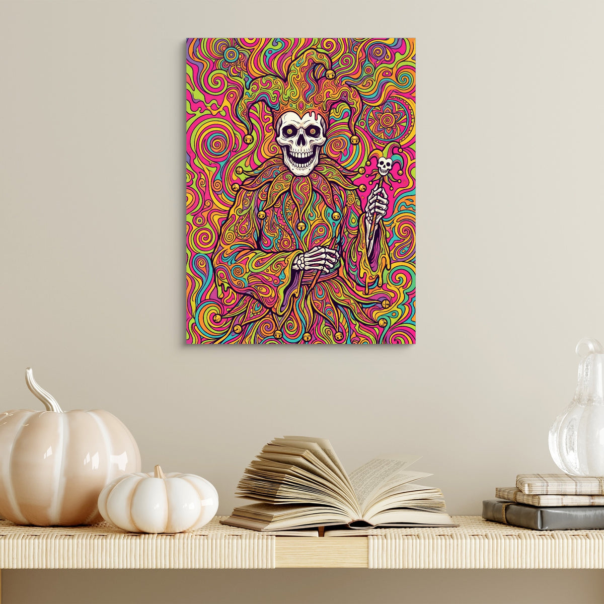 Skeleton Jester Psychedelic — skeleton jester psychedelic sq halloween wall 2 1port flush print