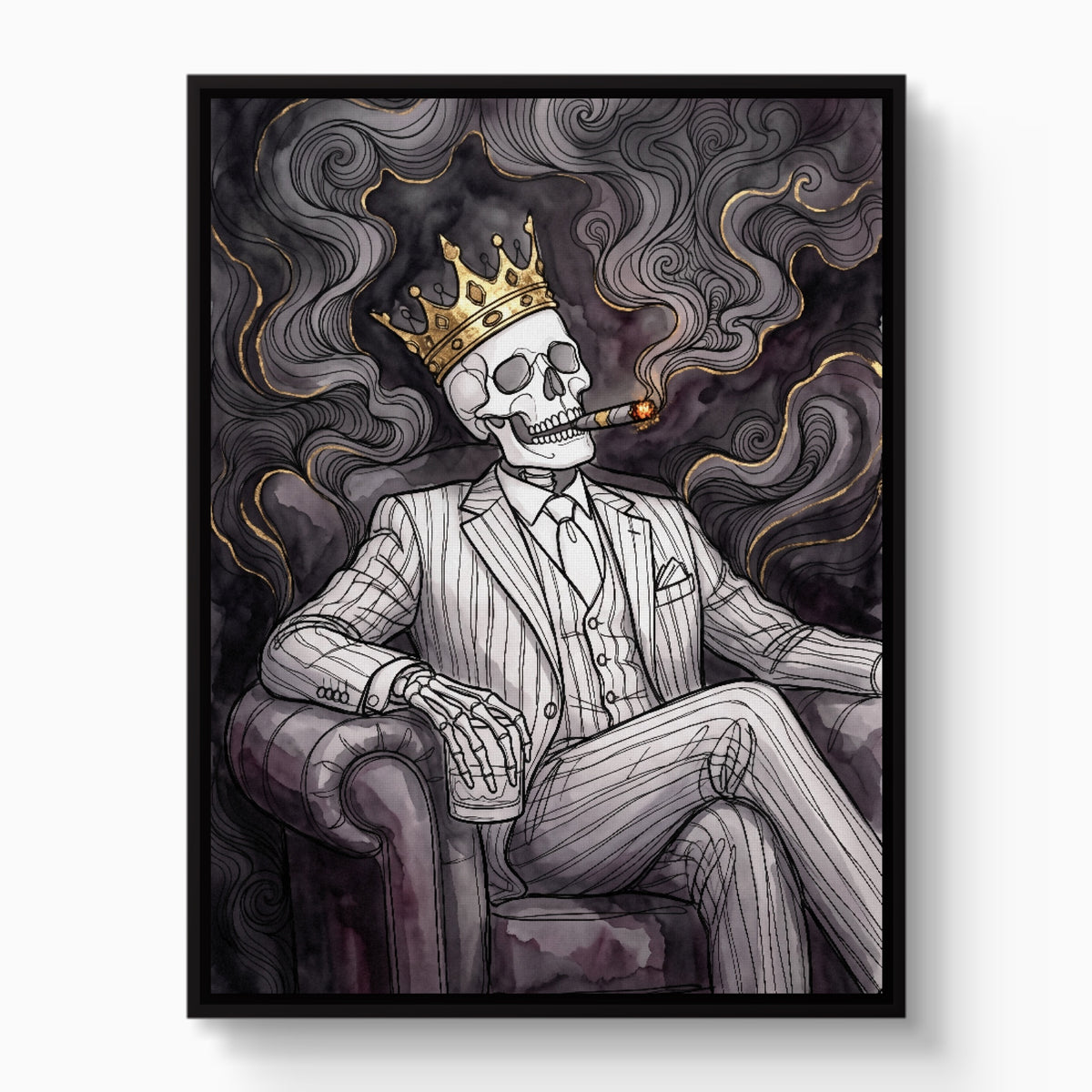 Skeleton King Smoking — skeleton king smoking white studio framed black