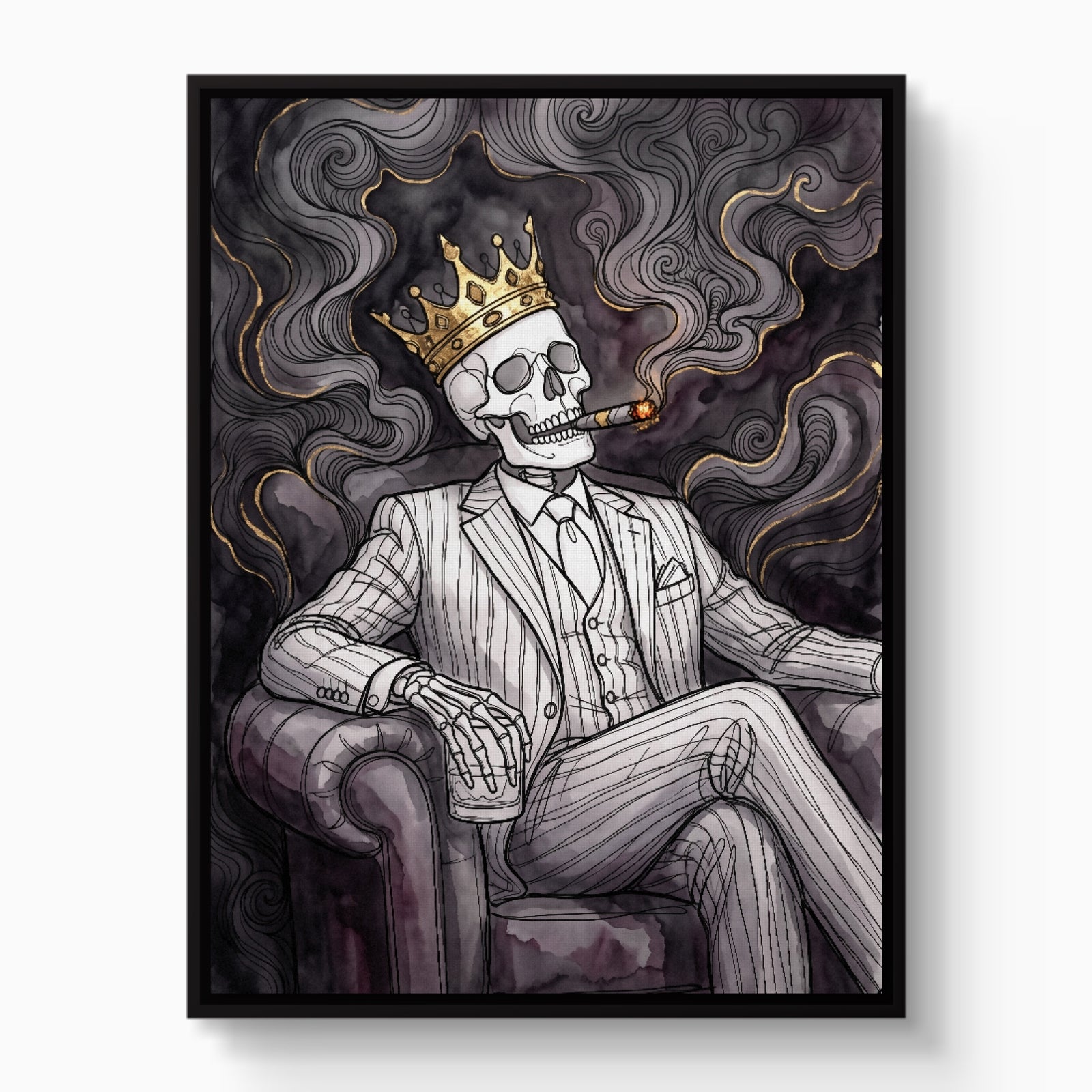 Skeleton King Smoking — skeleton king smoking white studio framed black