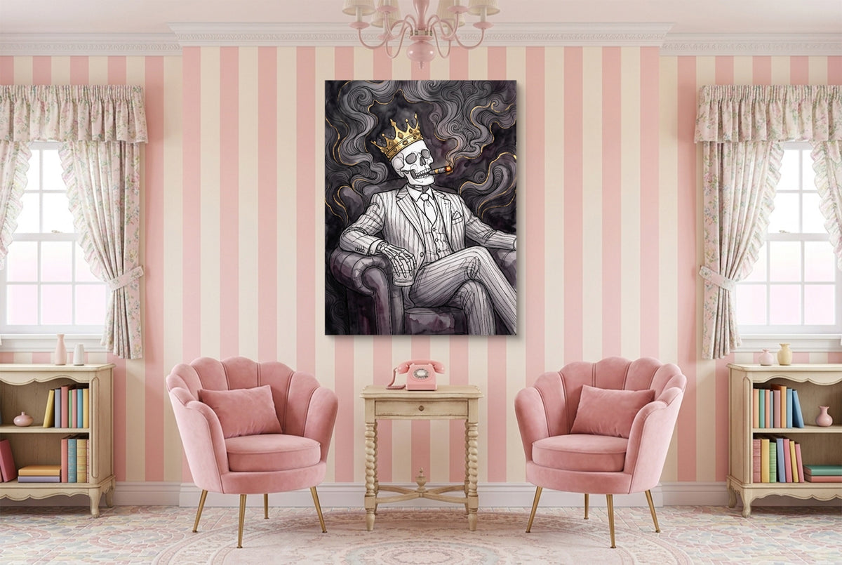 Skeleton King Smoking — skeleton king smoking pink living room interior 1port flush print