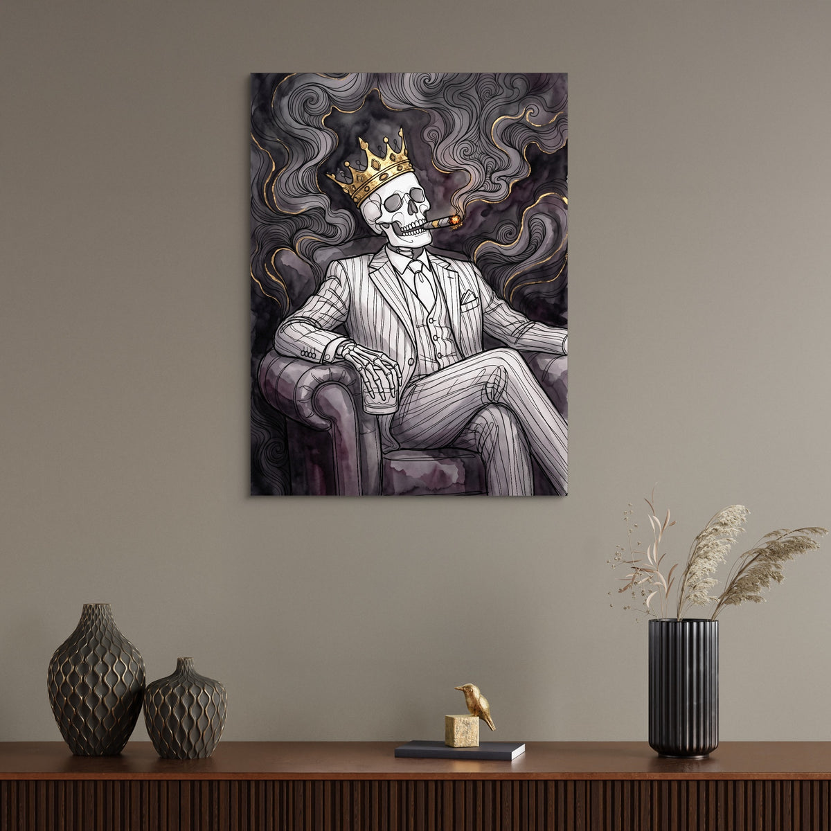 Skeleton King Smoking — skeleton king smoking sq wall desk bird 1port flush print