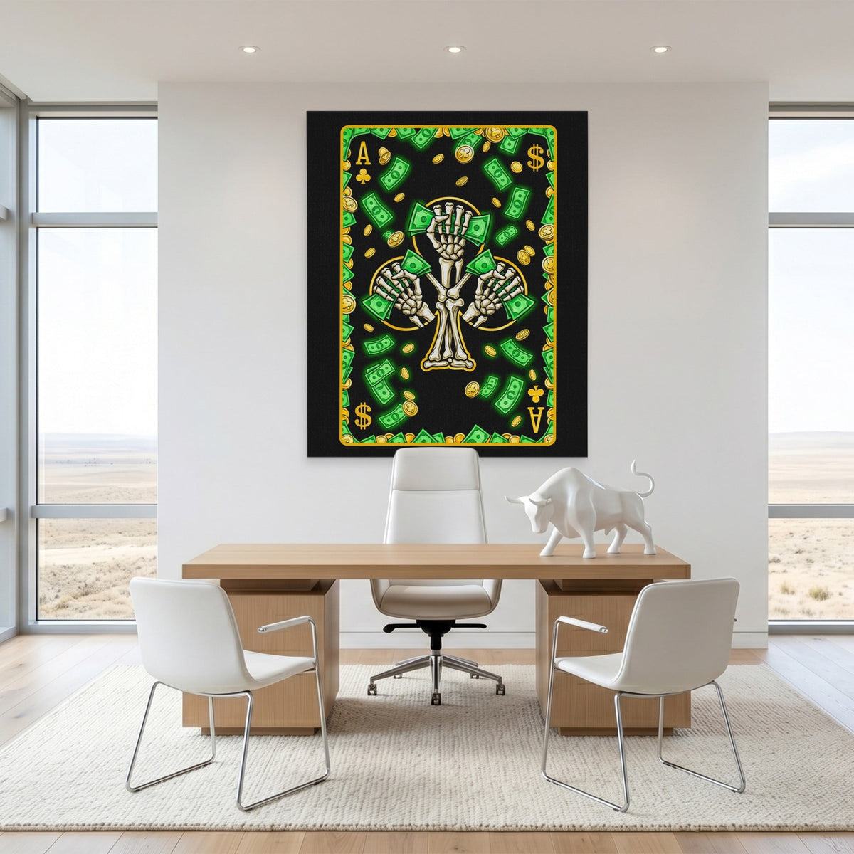 Skeleton Money Ace of Clubs Card canvas wall art, room view