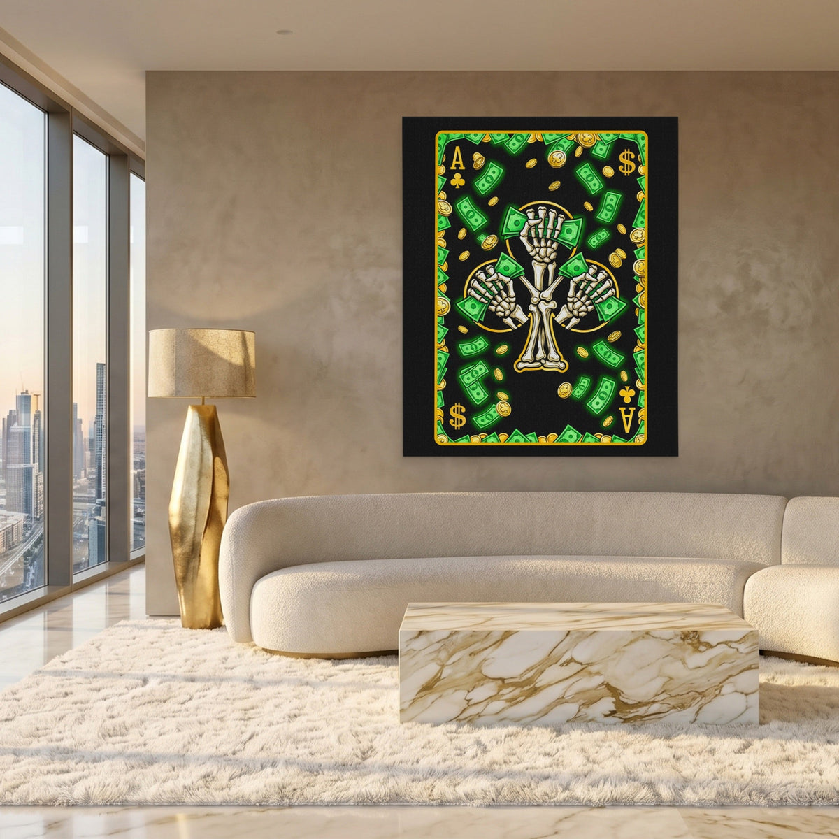 Skeleton Money Ace of Clubs Card canvas wall art, room view