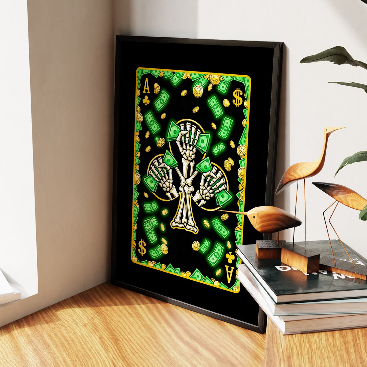 Skeleton Money Ace of Clubs Card canvas wall art, room view