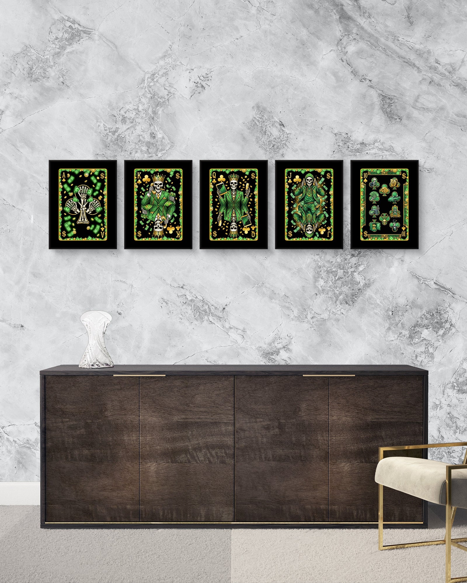 Skeleton Money Clubs Royal Flush canvas print set, 2 over 3, no frame