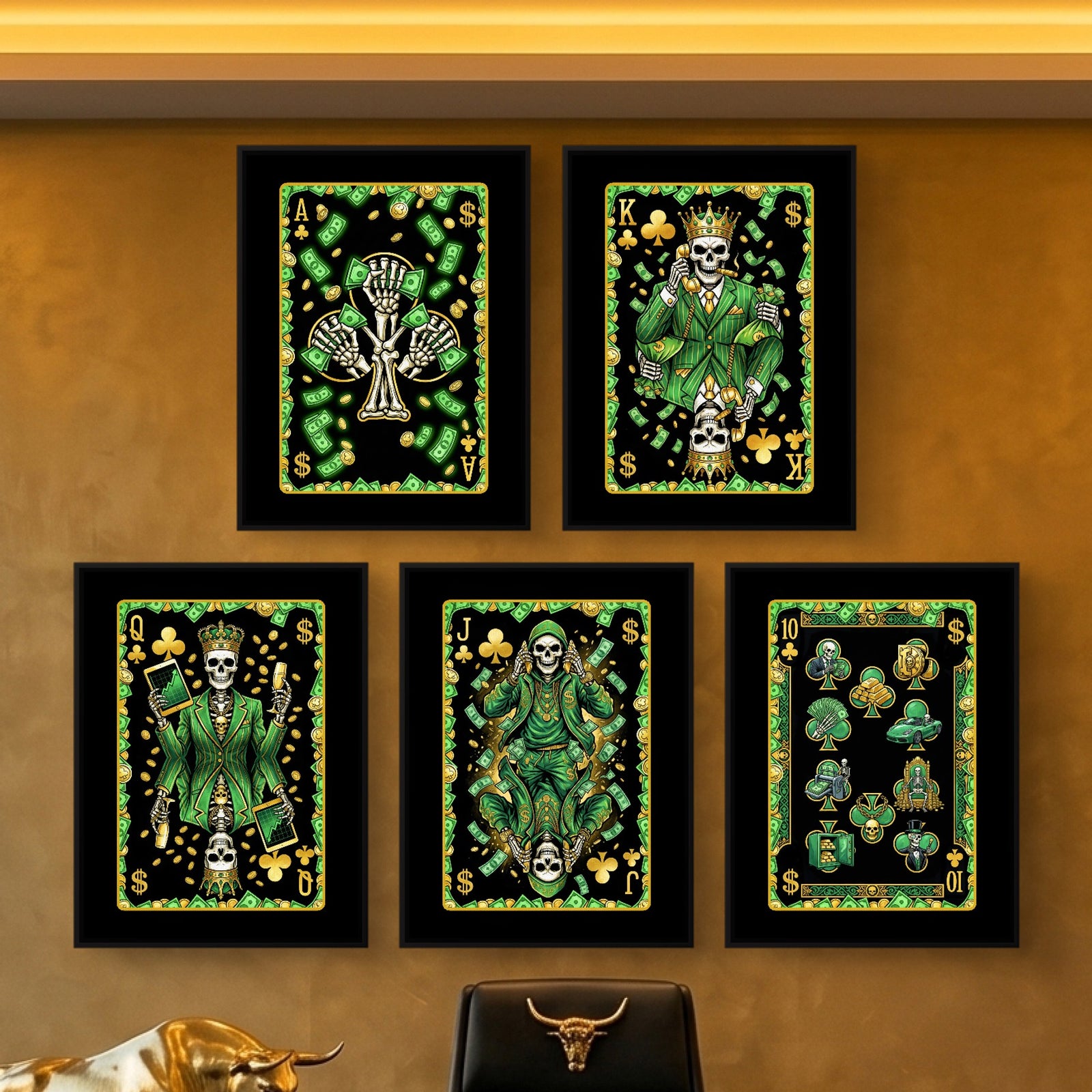Skeleton Money Clubs Royal Flush canvas print set, 2 over 3, no frame