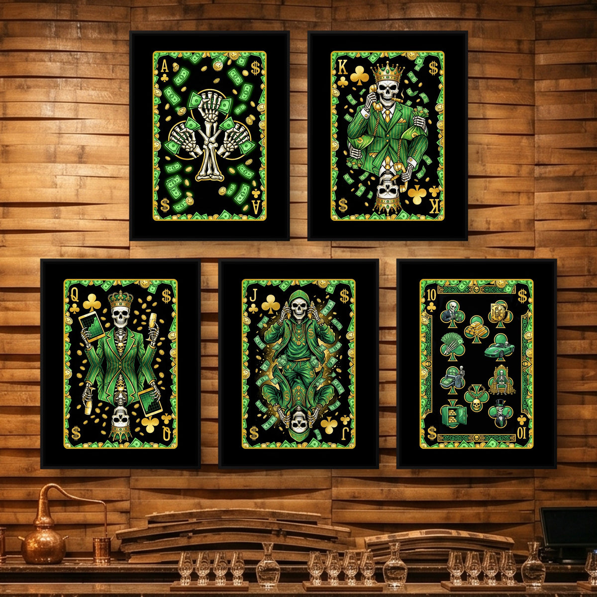 Skeleton Money Clubs Royal Flush framed set on a wooden bar wall