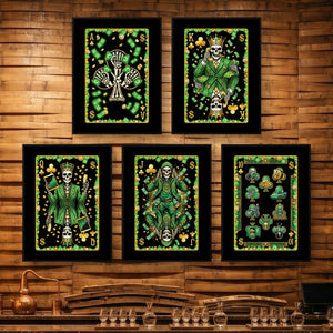 Skeleton Money Clubs Royal Flush framed set on a wooden bar wall